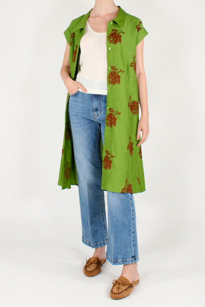 Linen Blend Chemisier Dress with Floral Embroidery