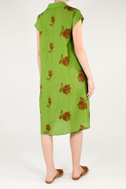 Linen Blend Chemisier Dress with Floral Embroidery