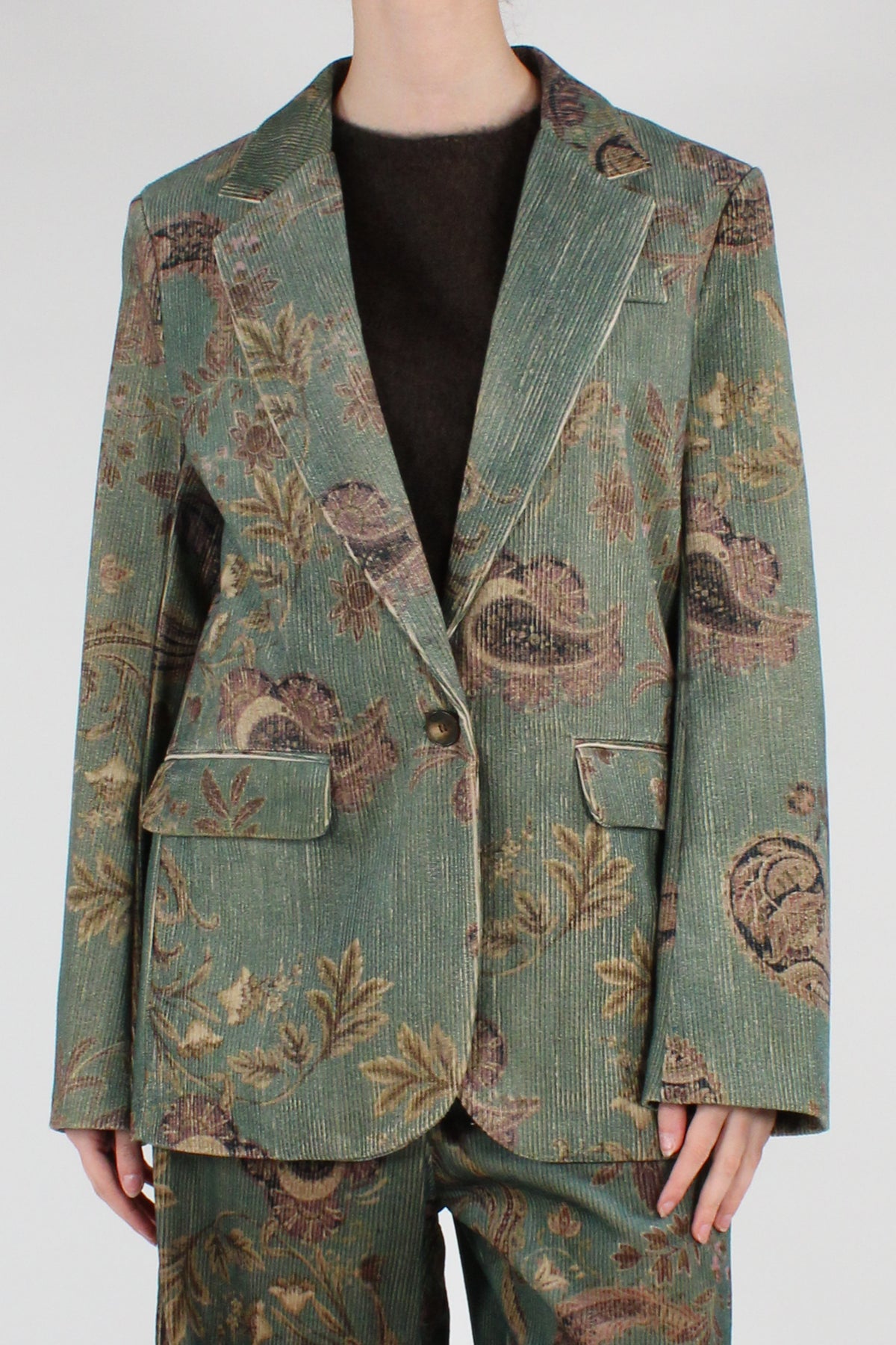 Blazer Monopetto in Velluto a Coste Stampa Kashmir