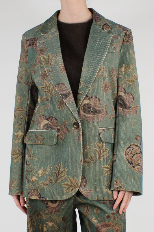 Blazer Monopetto in Velluto a Coste Stampa Kashmir