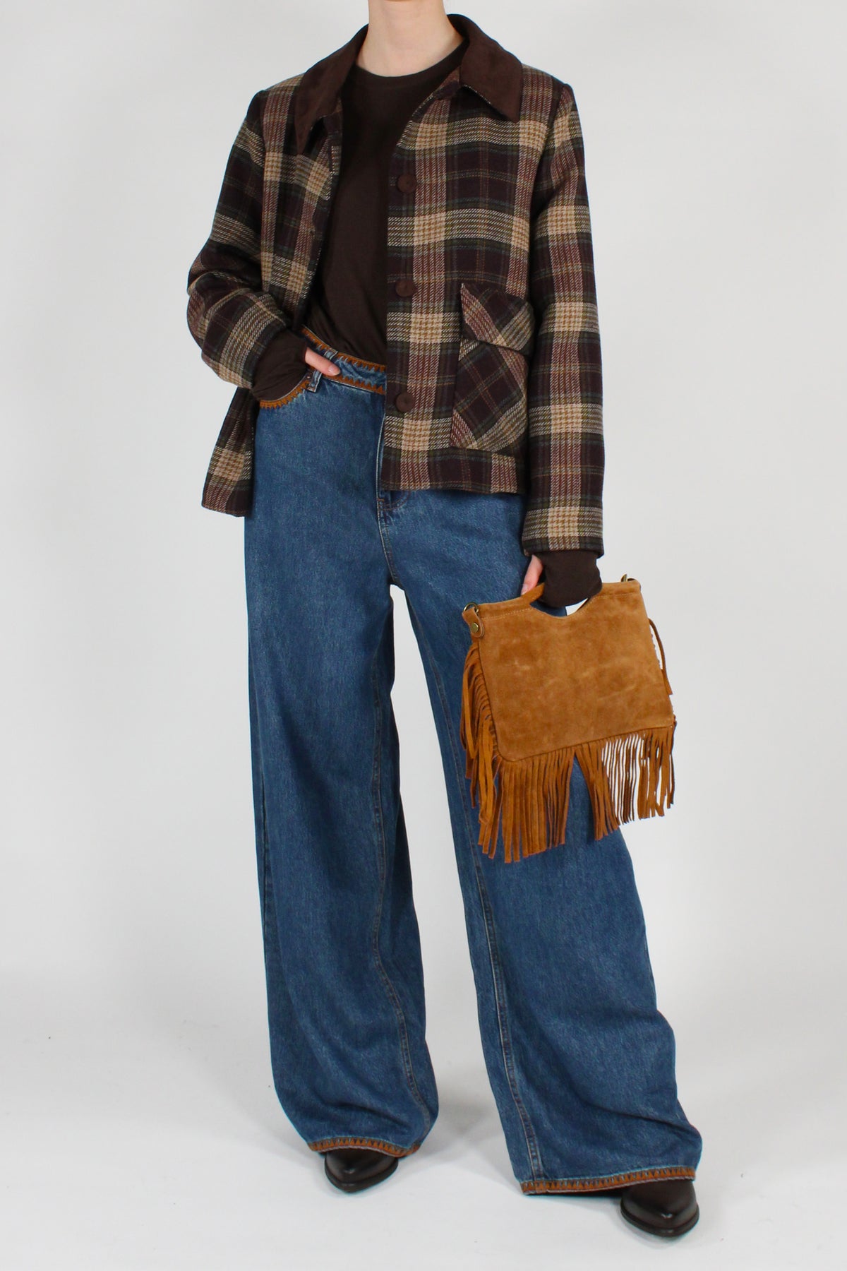 Giacca Stampa Tartan con Colletto a Contrasto