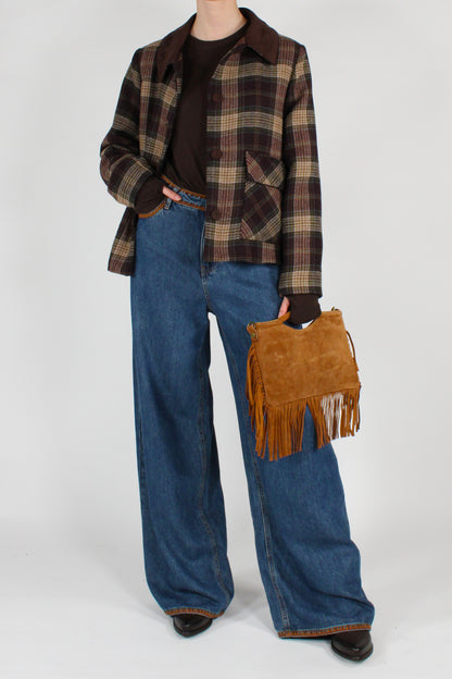 Giacca Stampa Tartan con Colletto a Contrasto