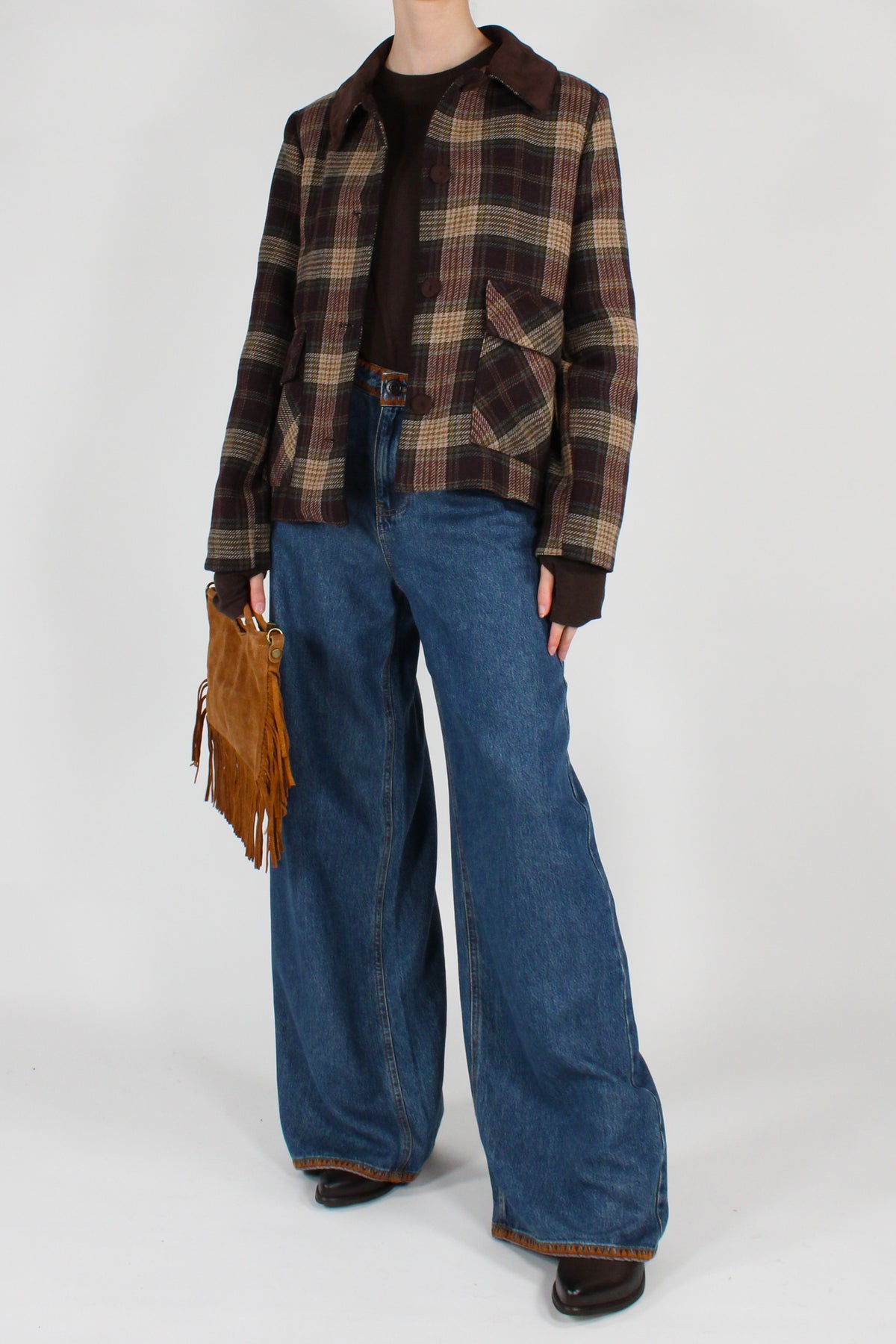 Giacca Stampa Tartan con Colletto a Contrasto