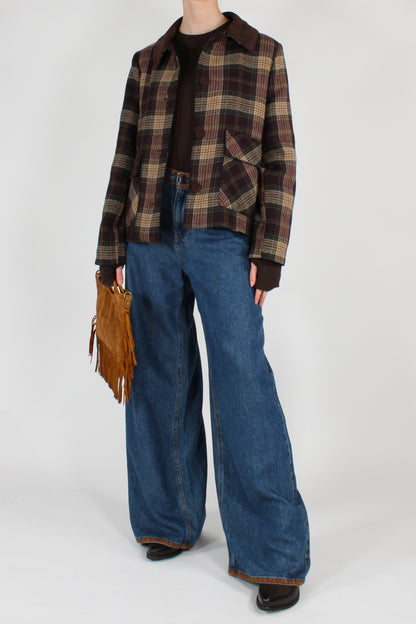 Giacca Stampa Tartan con Colletto a Contrasto