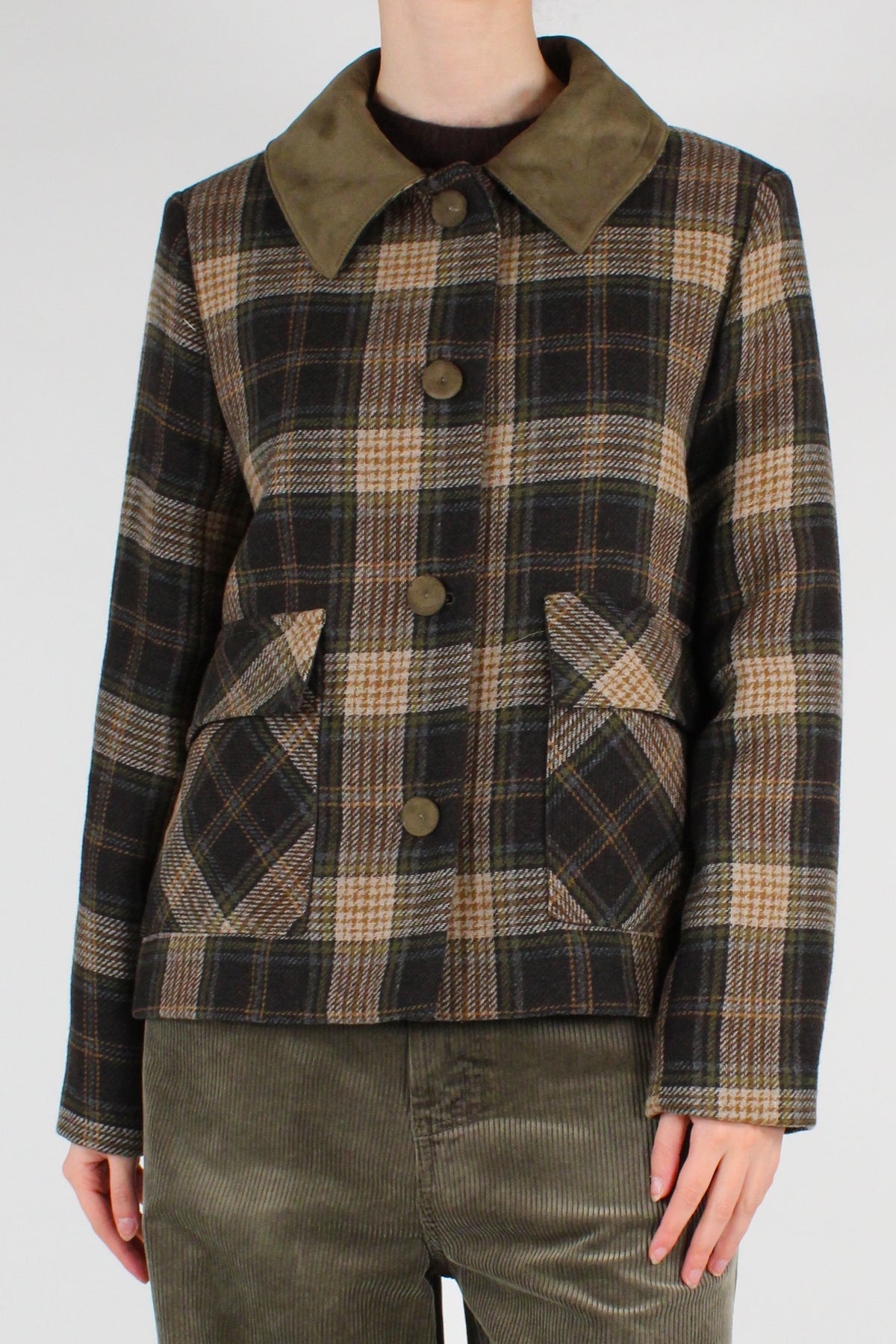 Giacca Stampa Tartan con Colletto a Contrasto