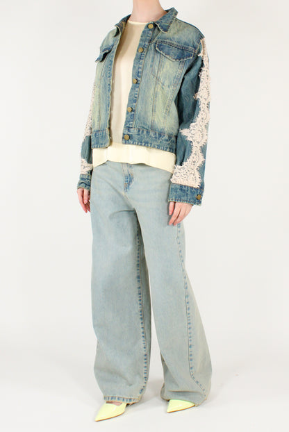 Giacca in Denim Slavato con Pizzo