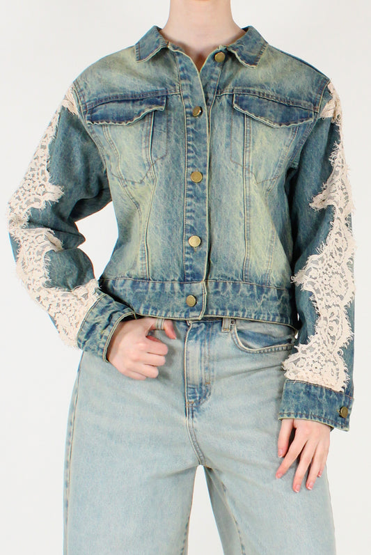 Giacca in Denim Slavato con Pizzo