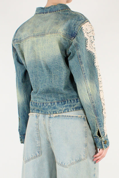Giacca in Denim Slavato con Pizzo