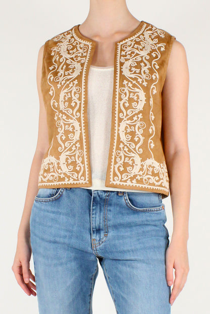 Gilet Aperto Ricamato in Eco Camoscio