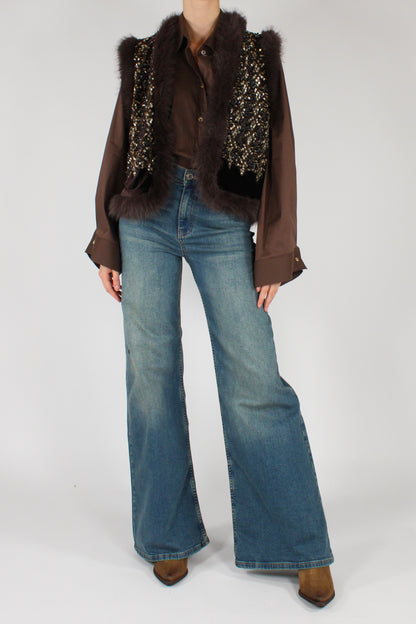 Gilet Aperto con Paillettes ed Eco Pelliccia
