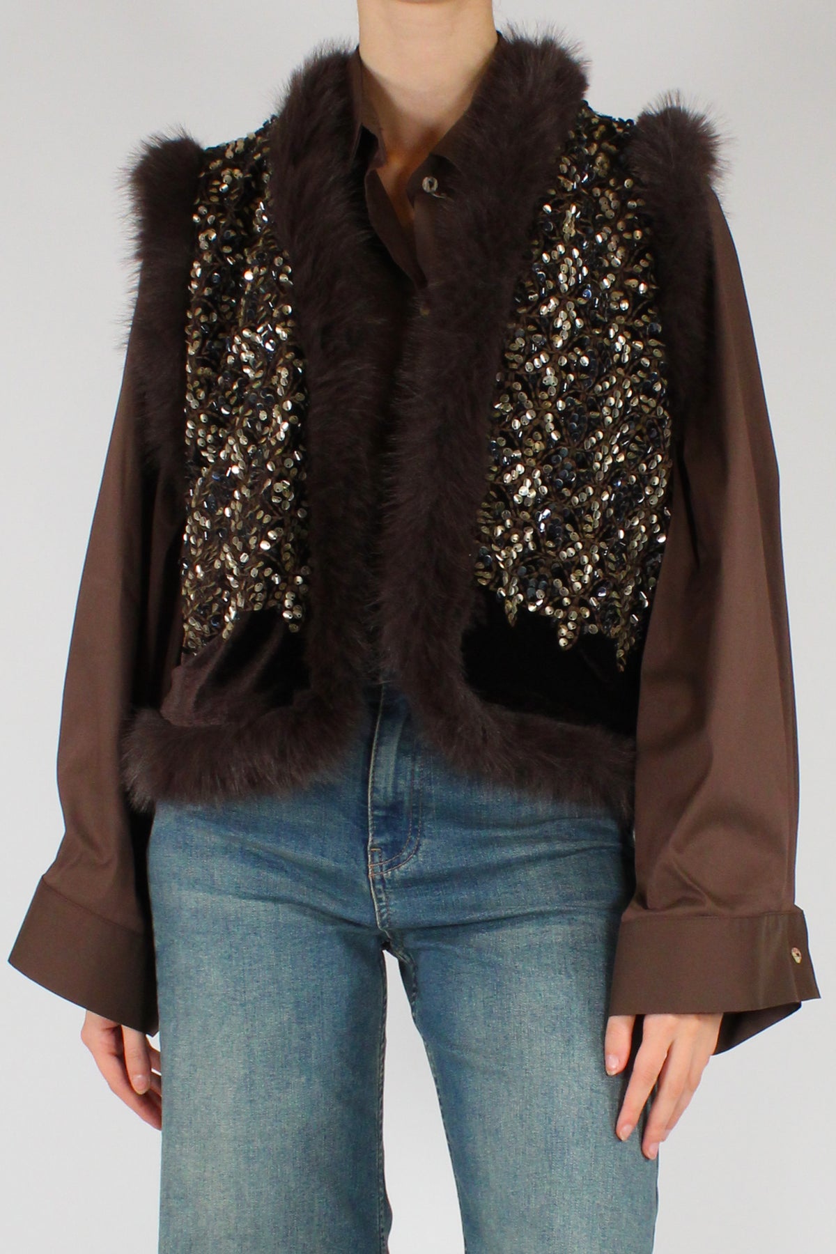 Gilet Aperto con Paillettes ed Eco Pelliccia