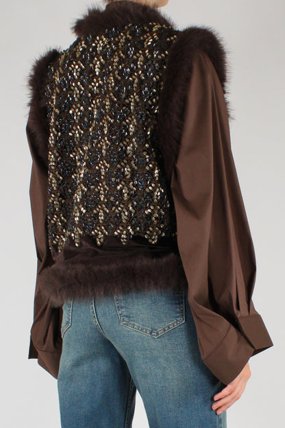 Gilet Aperto con Paillettes ed Eco Pelliccia