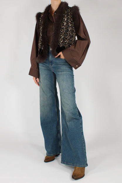 Gilet Aperto con Paillettes ed Eco Pelliccia
