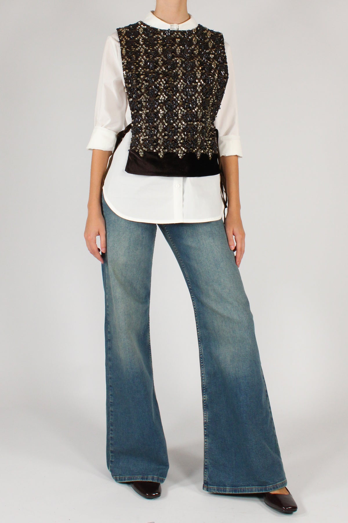 Camicia con Gilet in Velluto Ricamato e Paillettes