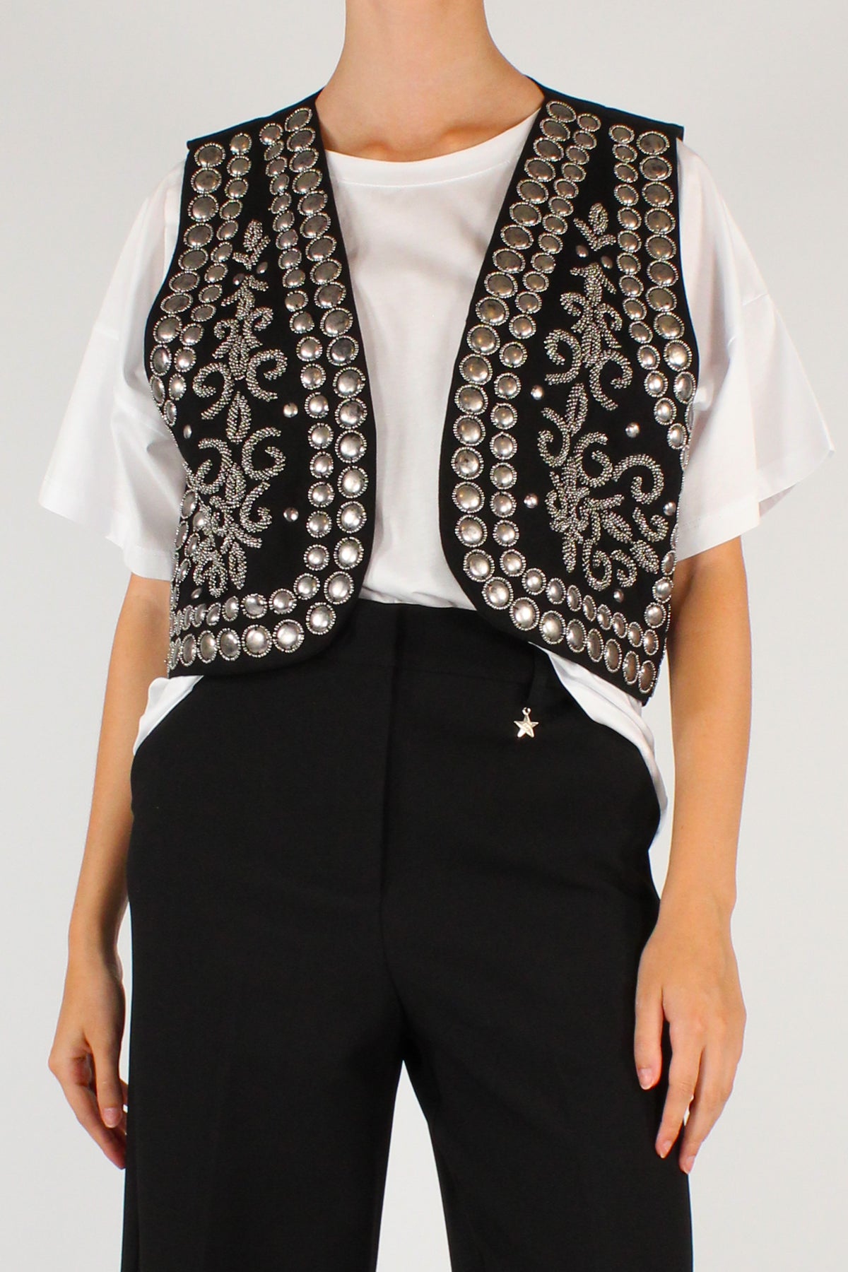 Gilet Aperto Ricamato con Perline