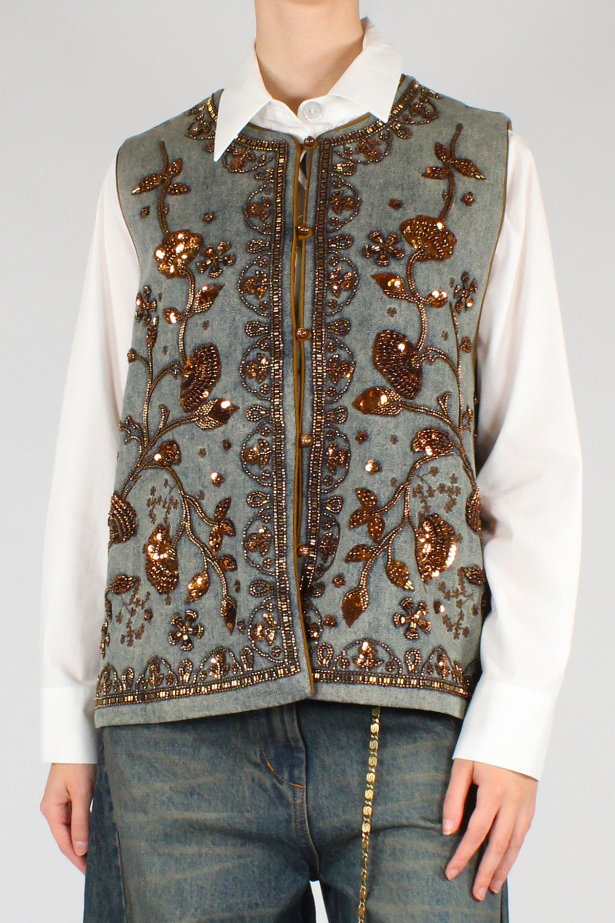 Gilet Over in Denim con Ricami Perline e Paillettes