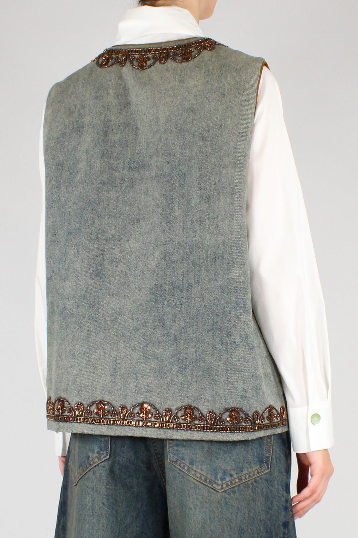 Gilet Over in Denim con Ricami Perline e Paillettes
