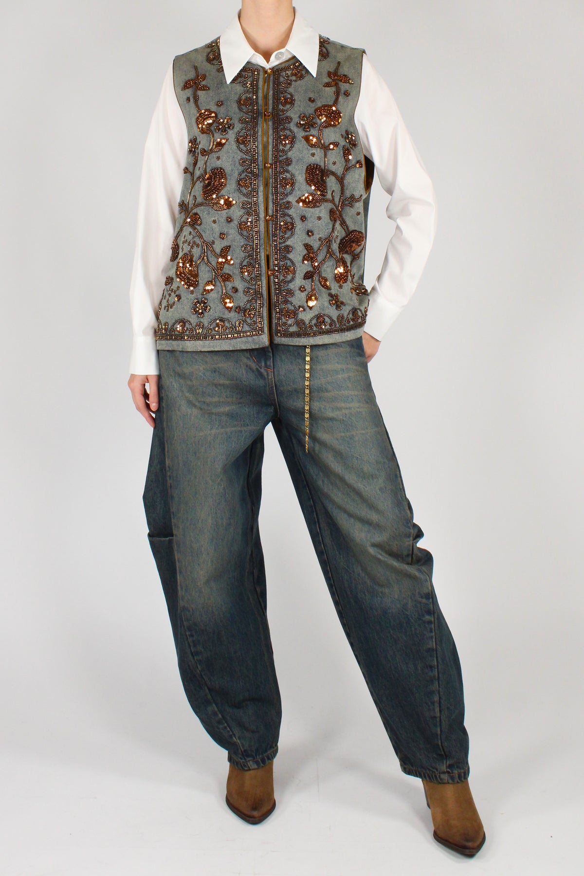 Gilet Over in Denim con Ricami Perline e Paillettes