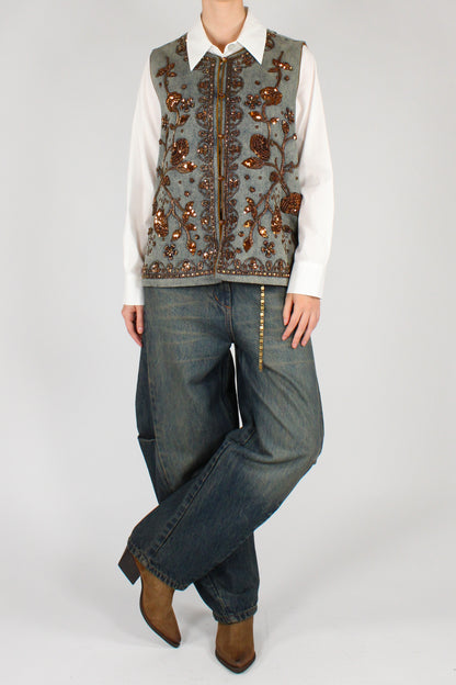 Gilet Over in Denim con Ricami Perline e Paillettes