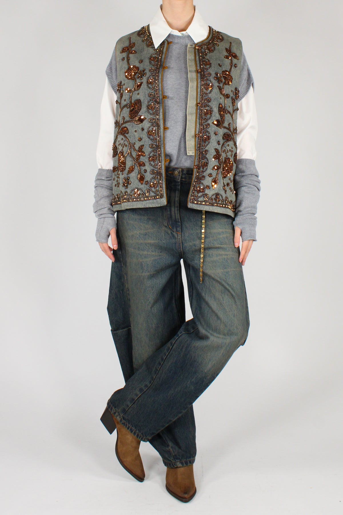 Gilet Over in Denim con Ricami Perline e Paillettes