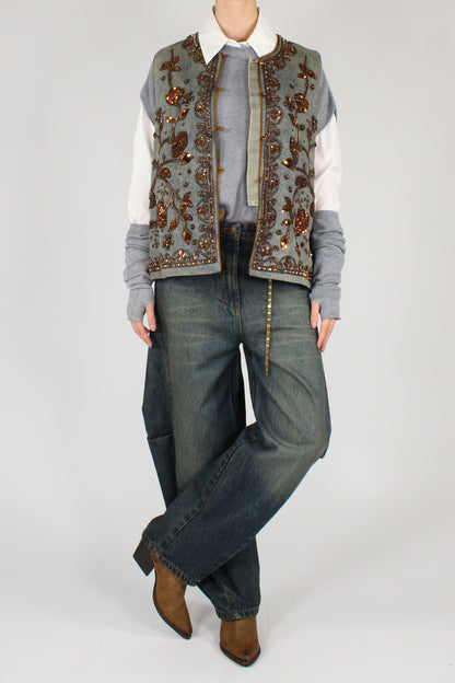 Gilet Over in Denim con Ricami Perline e Paillettes