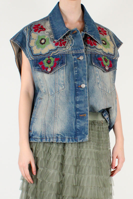 Gilet in Denim con Ricami Floreali