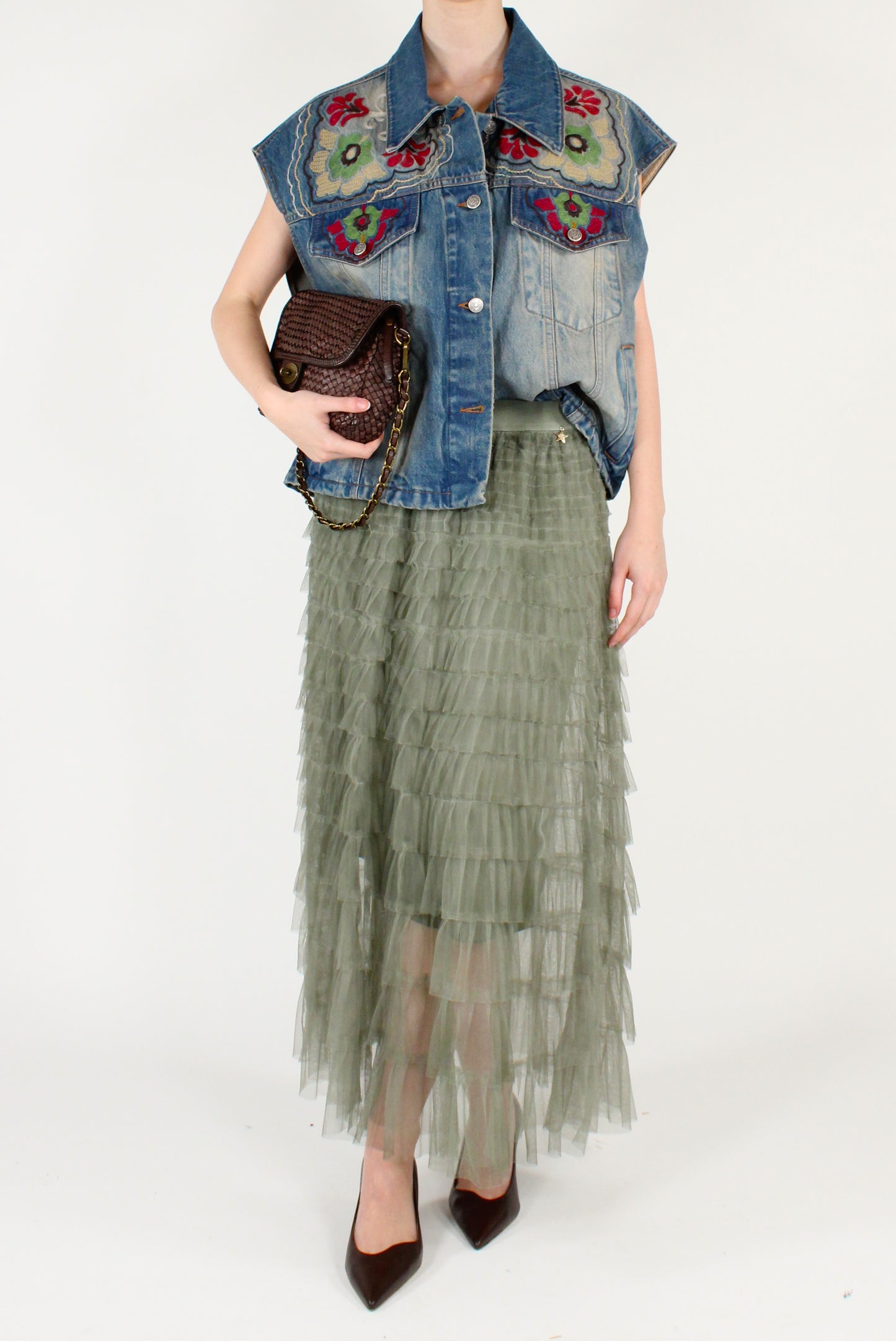 Gilet in Denim con Ricami Floreali