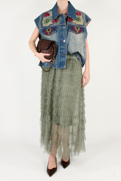 Gilet in Denim con Ricami Floreali