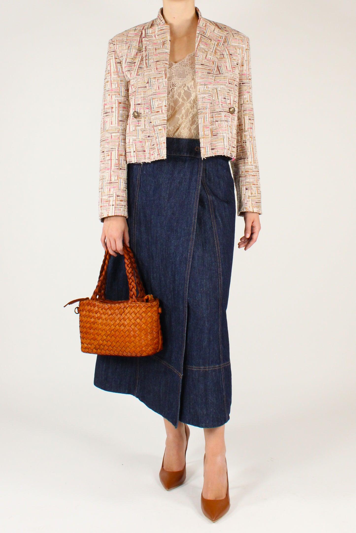 Gonna Midi in Denim a Portafoglio