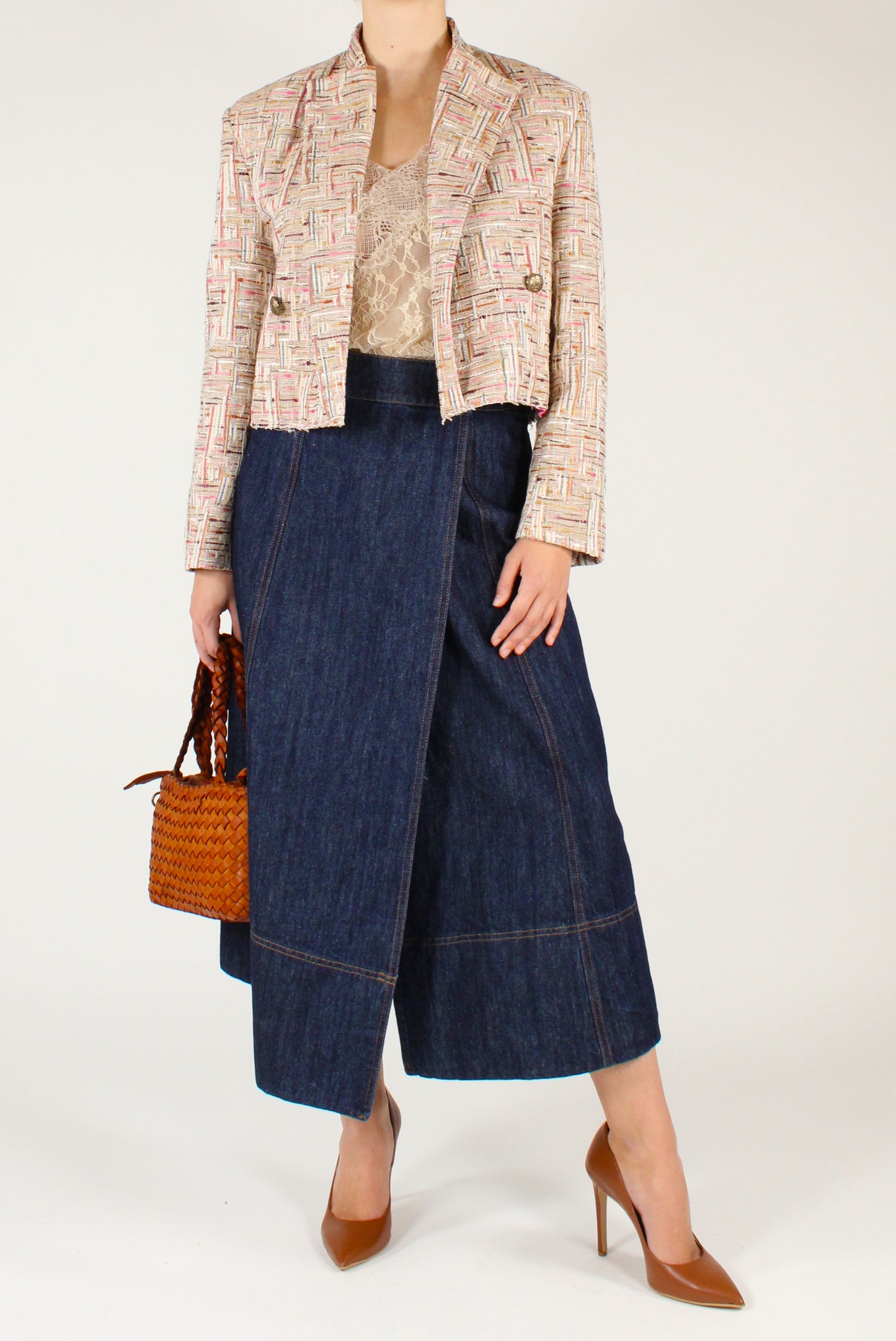 Gonna Midi in Denim a Portafoglio