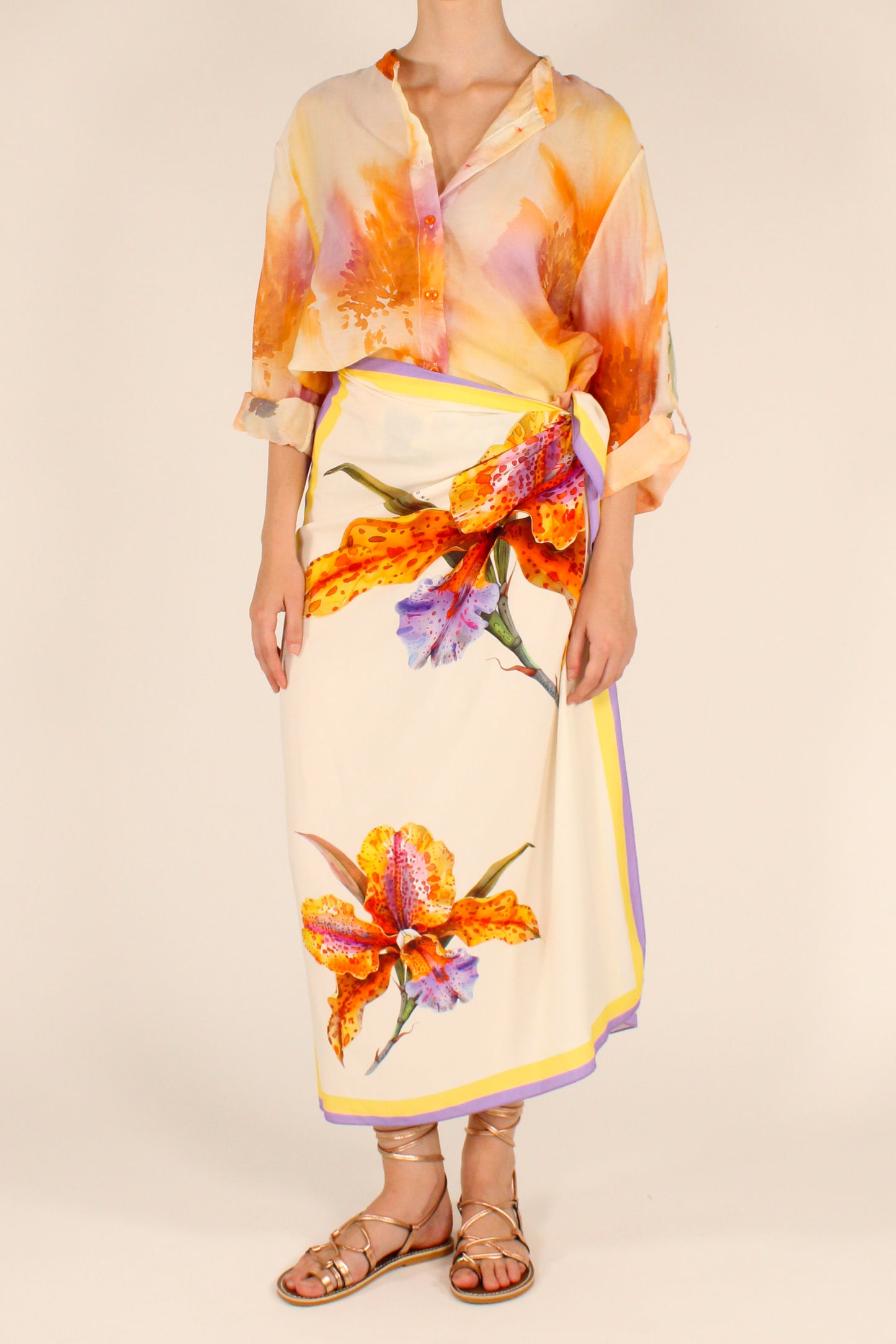 Gonna Lunga Stampa Orchidea Arancio