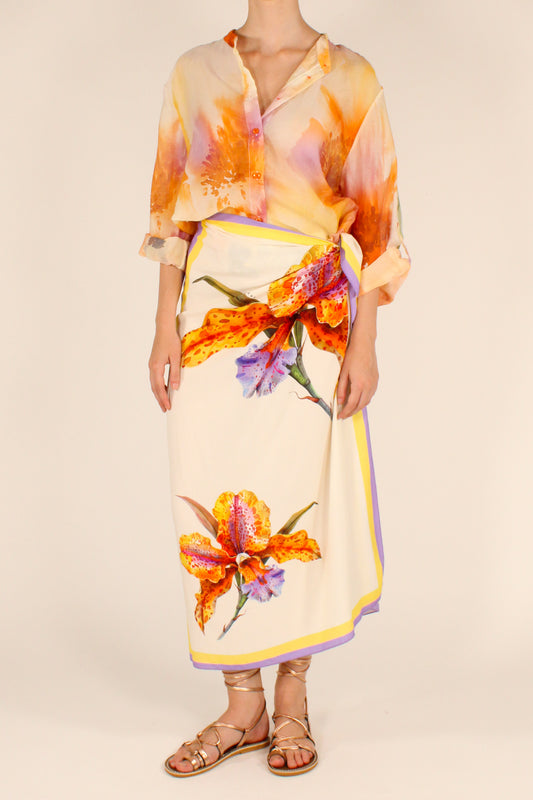 Gonna Lunga Stampa Orchidea Arancio
