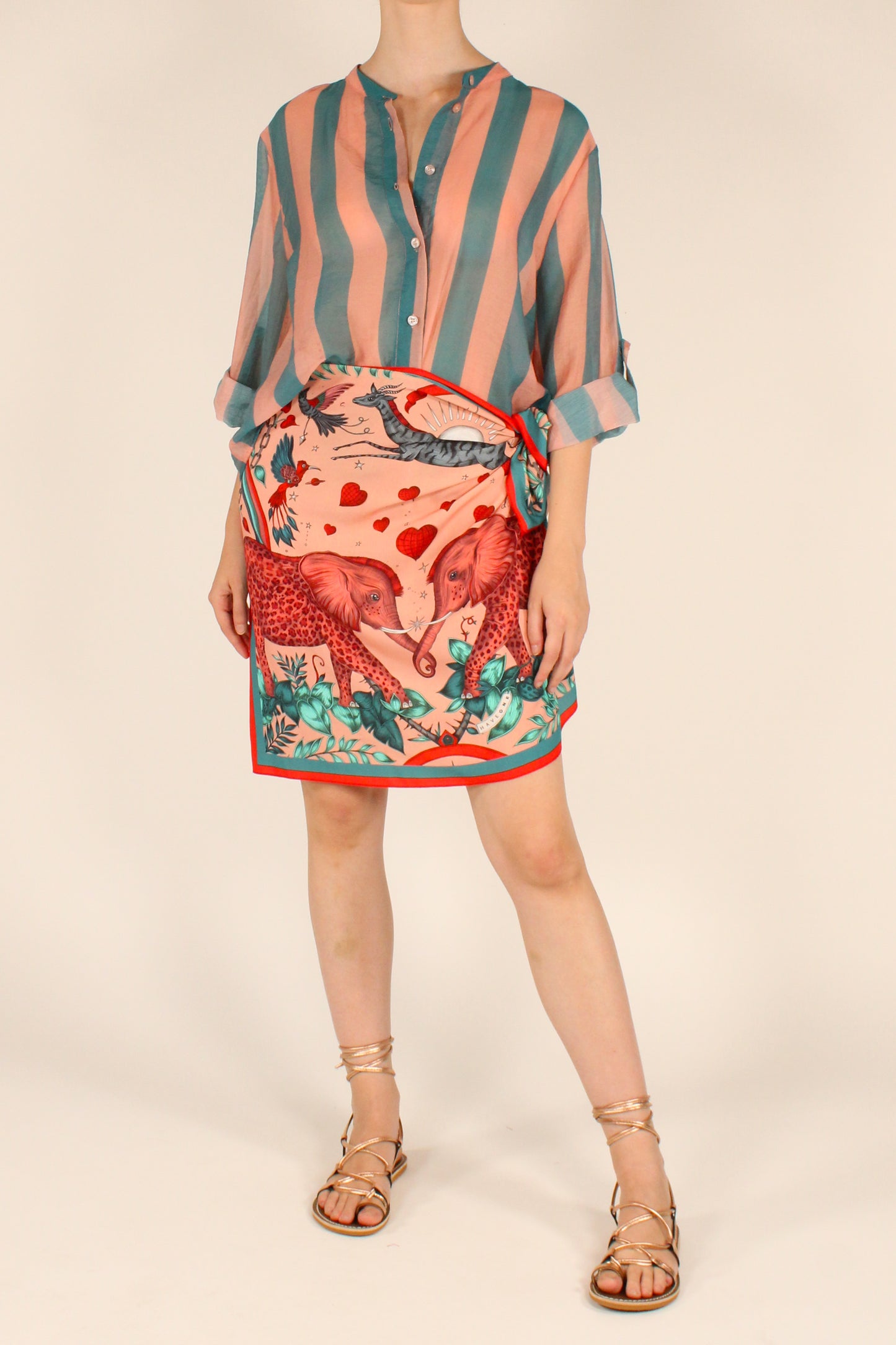 Camicia a Stampa a Righe Rosa/Ottanio