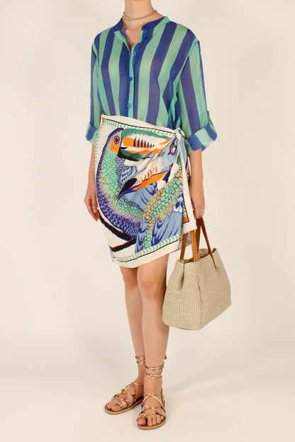 Camicia Stampa a Righe Blu/Verde Acqua