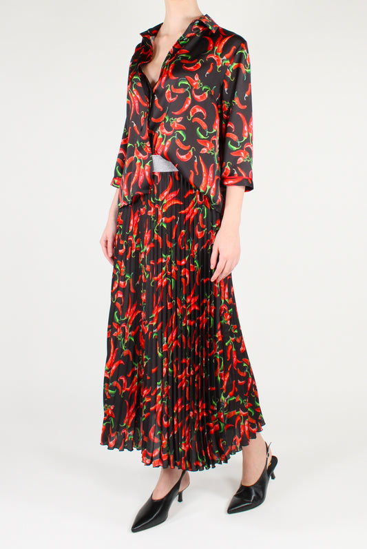 Long Pleated Skirt with Chili Pepper Print
