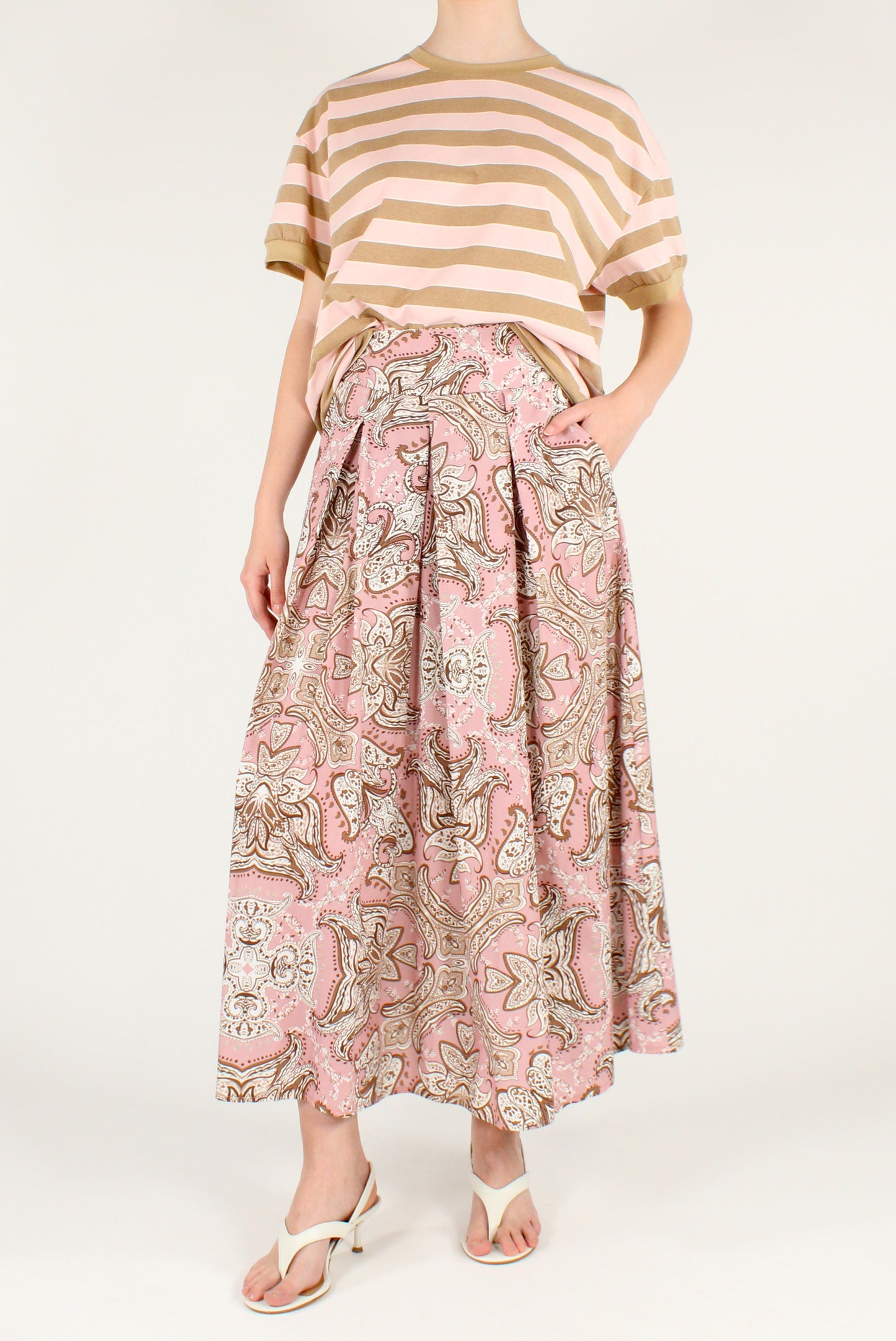 Gonna Lunga in Cotone Stampa Fantasia Rosa