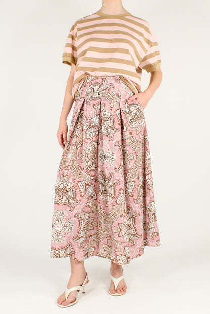 Gonna Lunga in Cotone Stampa Fantasia Rosa