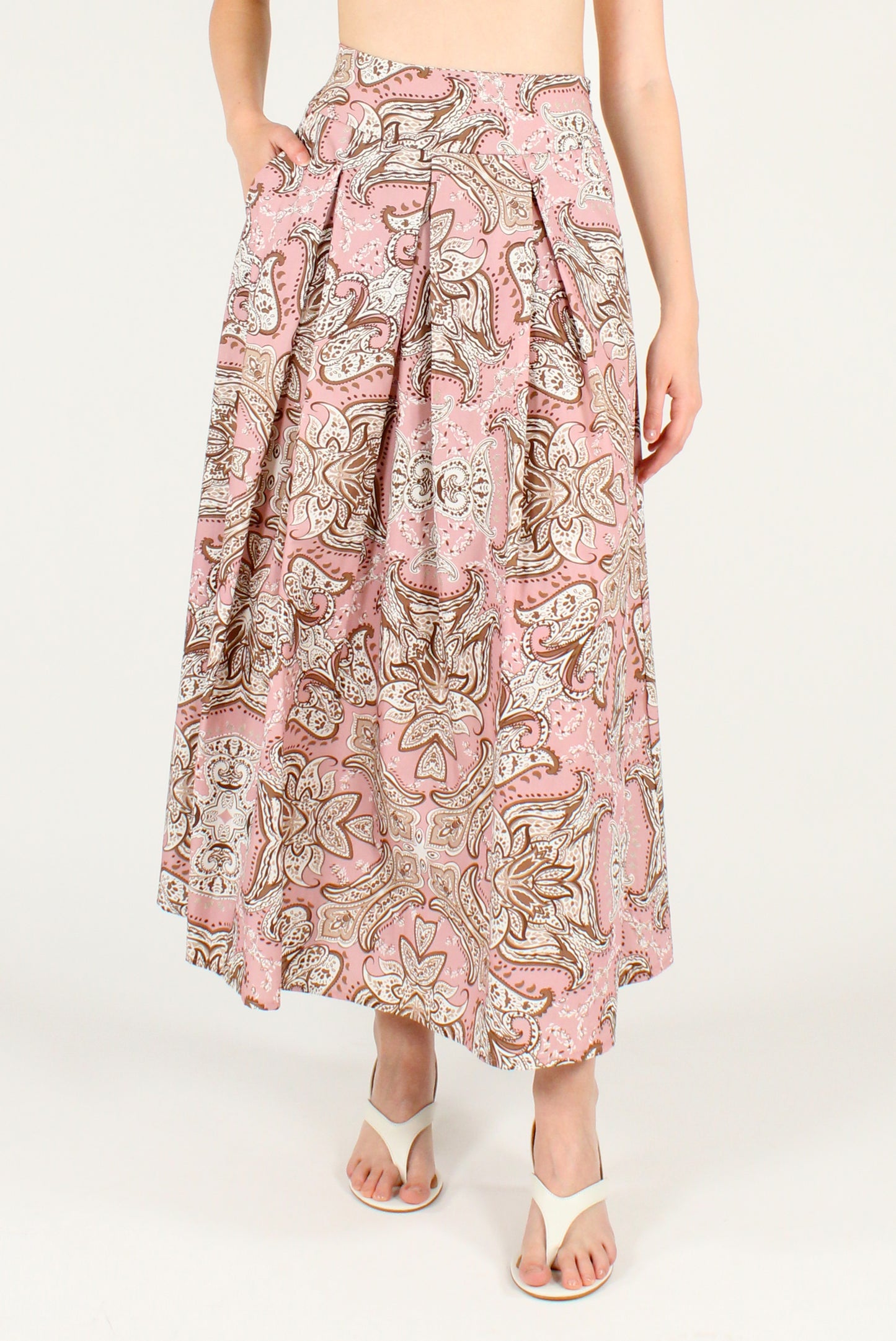 Gonna Lunga in Cotone Stampa Fantasia Rosa