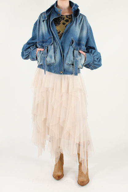 Denim Bomber Jacket with Pockets