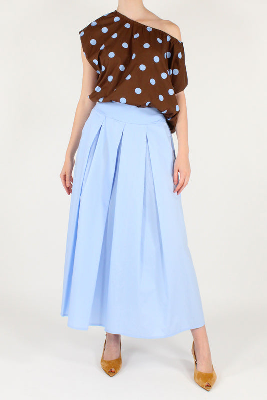 Long Skirt with Front Pleats in Sky Blue Cotton