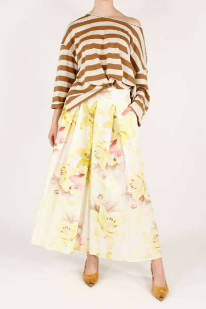Long Skirt with Darts Yellow Lily Print