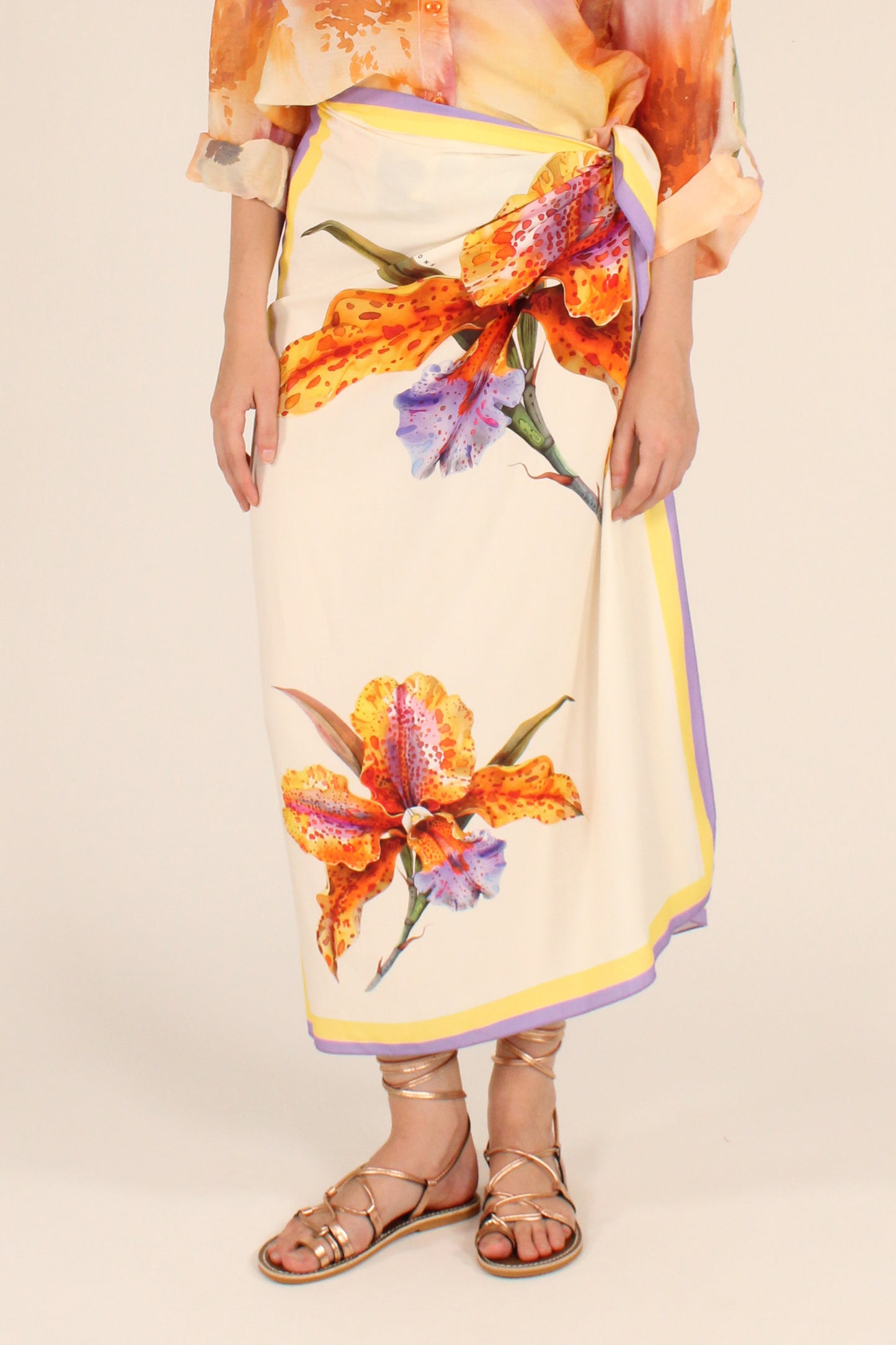Gonna Lunga Stampa Orchidea Arancio
