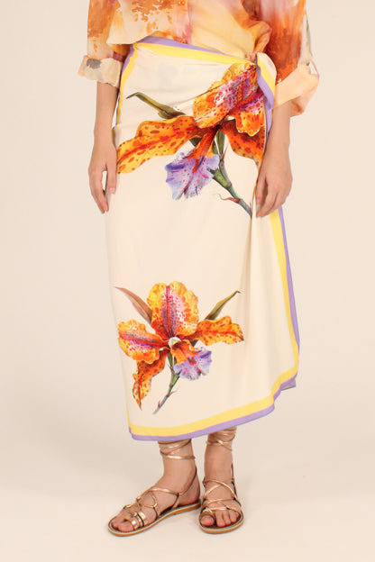 Gonna Lunga Stampa Orchidea Arancio