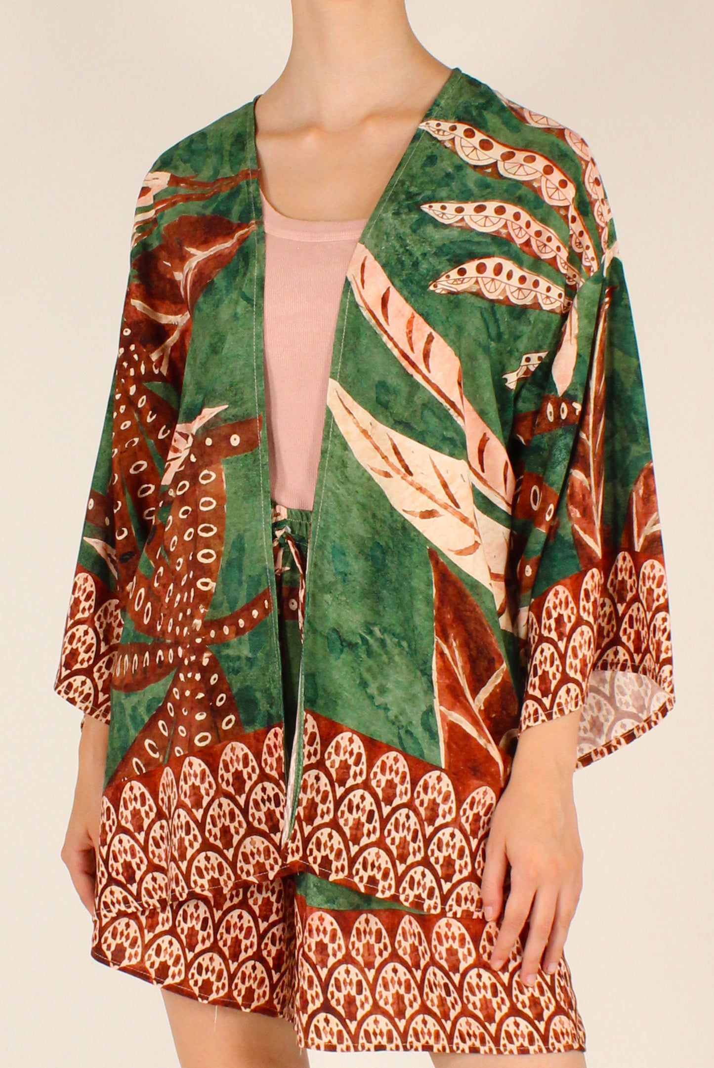Camicia Kimono Stampa Fantasia su Sfondo Verde