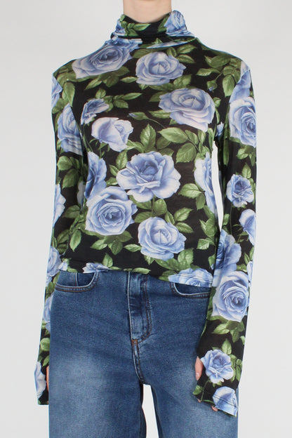 Maglia Dolcevita Misto Cachemire Stampa Rose