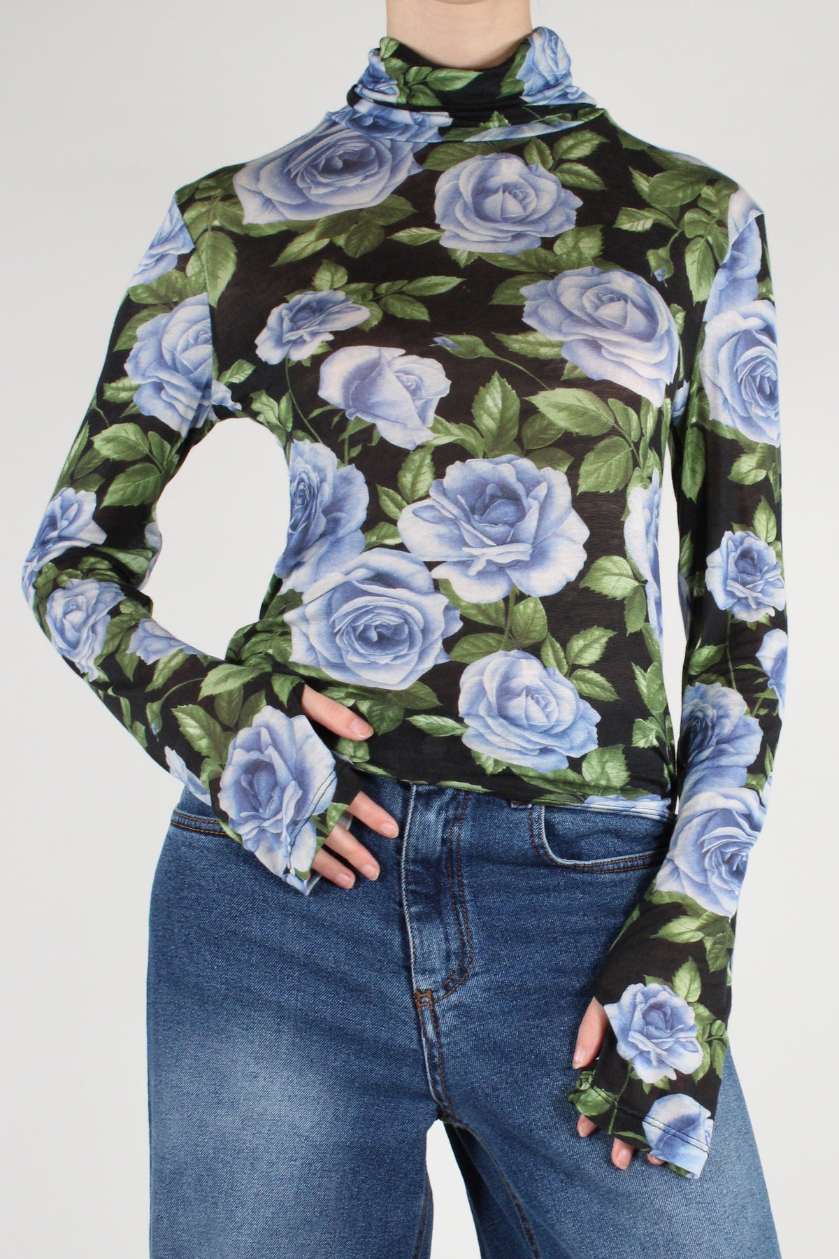 Maglia Dolcevita Misto Cachemire Stampa Rose