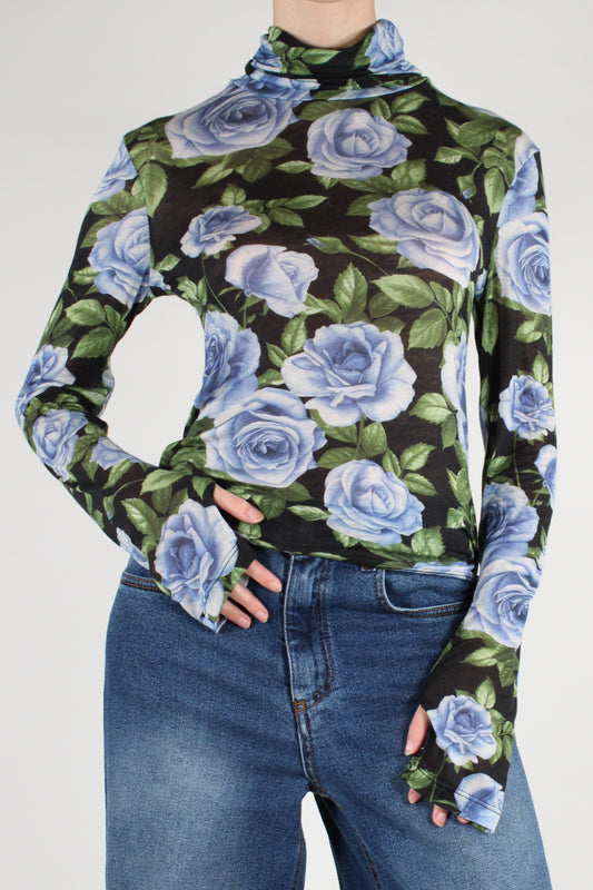 Maglia Dolcevita Misto Cachemire Stampa Rose