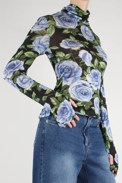 Maglia Dolcevita Misto Cachemire Stampa Rose