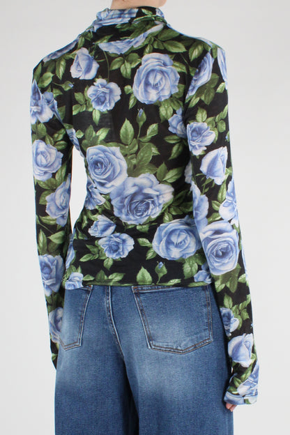 Maglia Dolcevita Misto Cachemire Stampa Rose