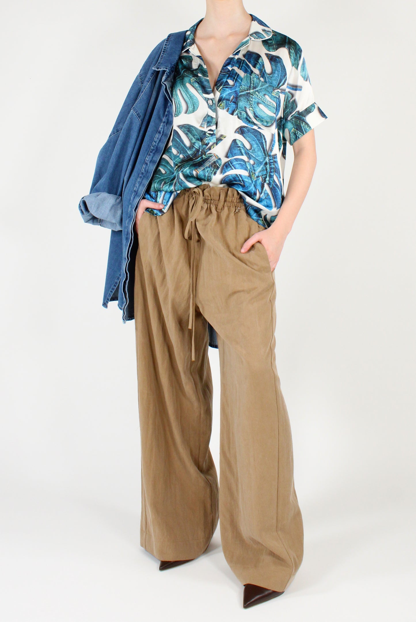 Blusa Stampa Foglie Denim